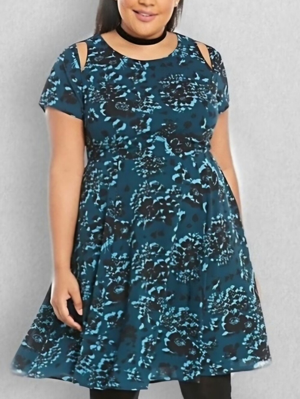 Torrid Teal & Black Floral Georgette Cutout Sleeve Skater Dress Plus Size 26/4X